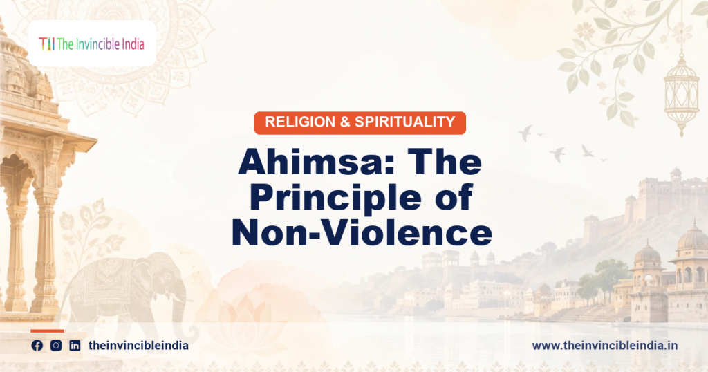 A dove and lotus symbol evoking the principle of ahimsa, non-violence