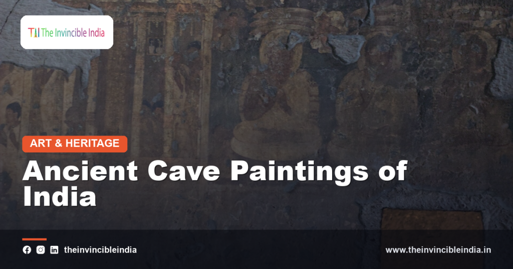 Ancient cave paintings on the walls of an Indian cave