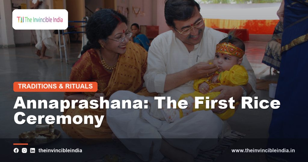 A Hindu family performing the Annaprashana rice-feeding ceremony for their baby