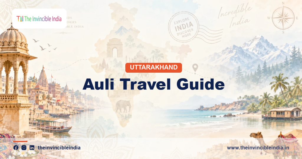 Auli travel guide: snow-covered ski slopes above Joshimath in Chamoli, Uttarakhand, with Nanda Devi peaks behind.