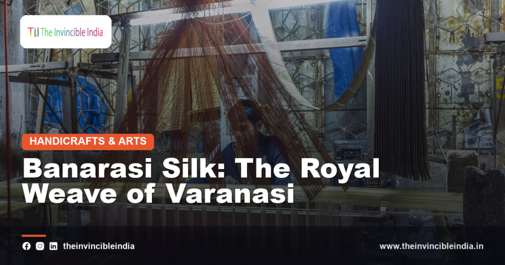 A richly brocaded Banarasi silk sari with gold zari work from Varanasi