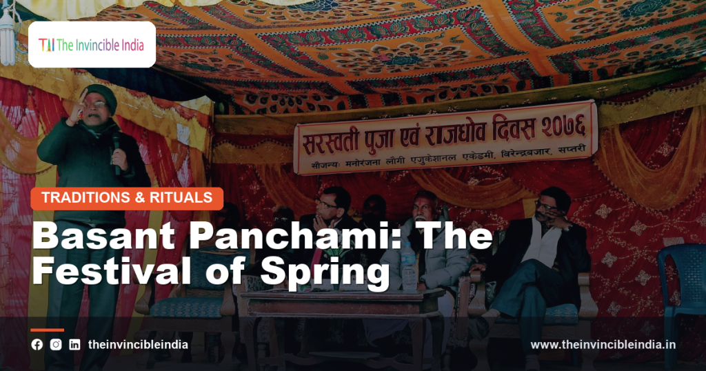 Devotees worshipping Goddess Saraswati during Basant Panchami celebrations