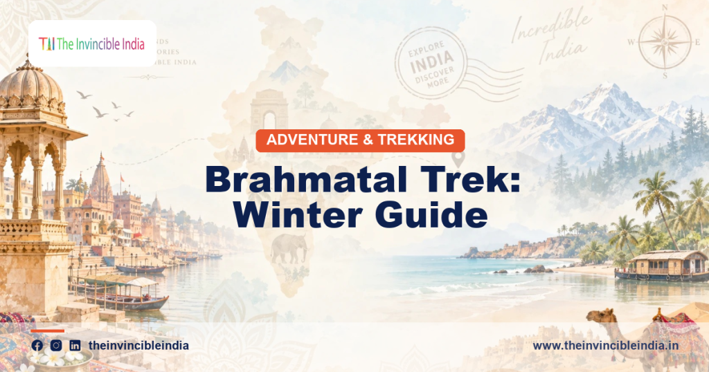 Snow-covered Brahmatal trek ridge above Lohajung in Uttarakhand, with Trishul peak in the distance
