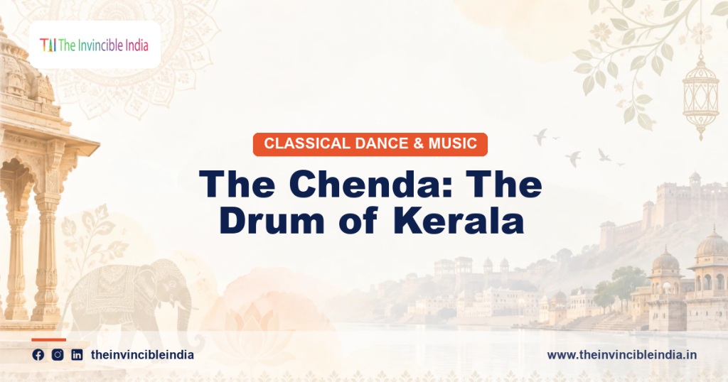 A chenda, the cylindrical stick-played drum of Kerala used in temple festivals and Kathakali