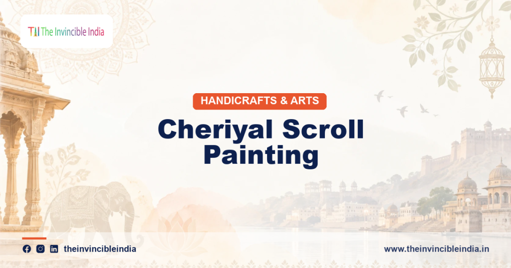 Cheriyal scroll painting depicting a folk narrative in bold colours