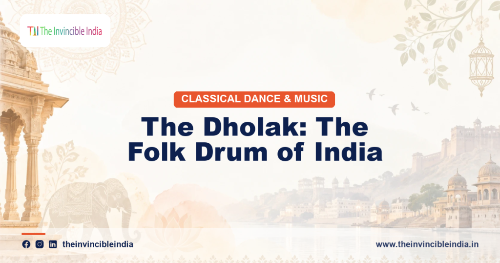 A dholak, the popular double-headed folk drum of India, played at a festive gathering