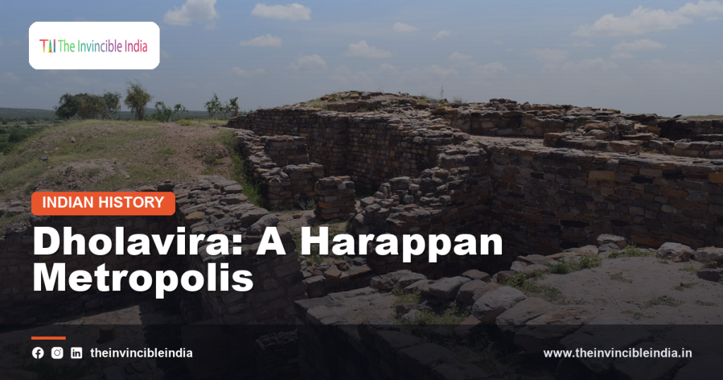 Excavated stone ruins and water reservoir structures at the Harappan site of Dholavira