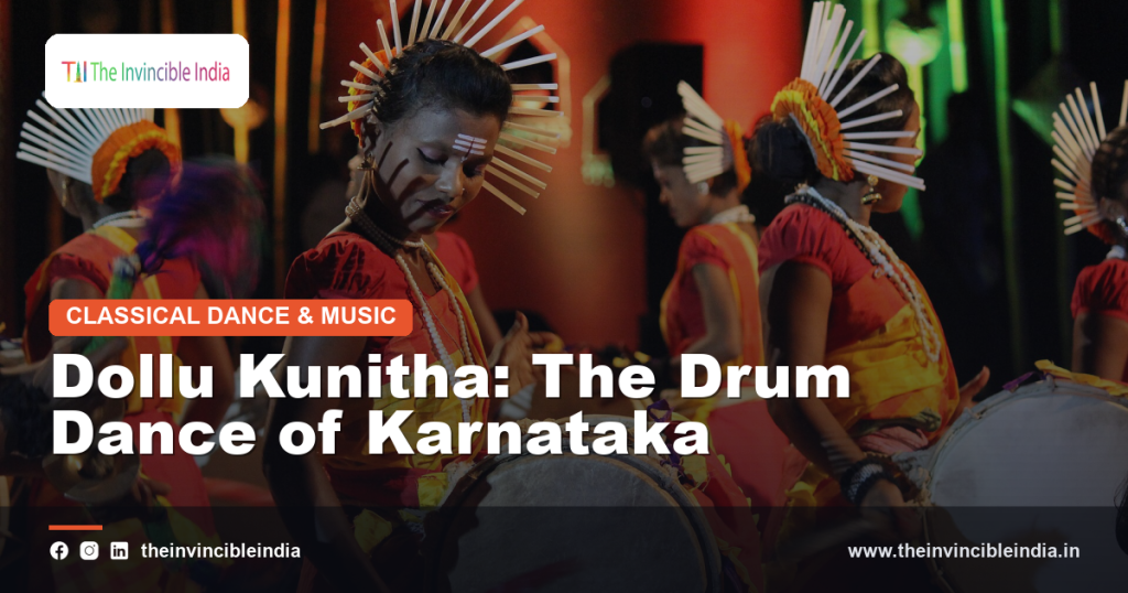 Performers of Dollu Kunitha dancing with large drums in Karnataka