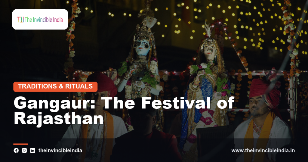 Women in traditional Rajasthani attire during a Gangaur festival procession