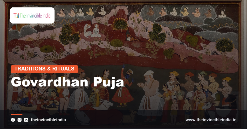 Devotees offering an elaborate Annakut spread of food during Govardhan Puja