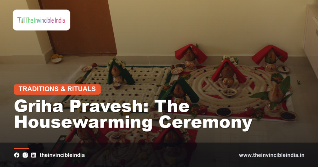 A priest performing Griha Pravesh housewarming rituals at the entrance of a new home