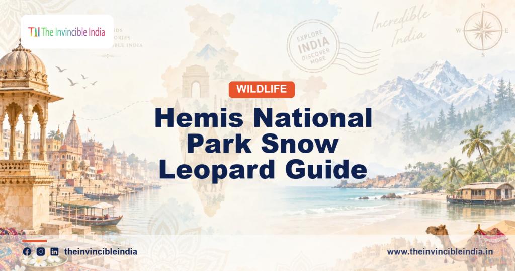 Snow leopard on a snowy slope in Hemis National Park, Ladakh, the winter snow-leopard tracking area near Leh