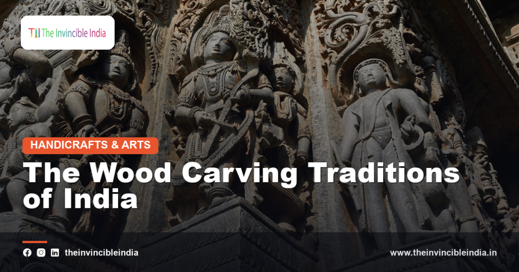 Intricately carved wooden panel showing traditional Indian woodcraft