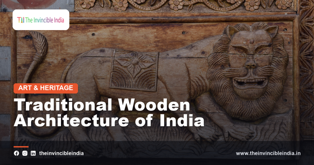 A traditional Indian wooden building with intricately carved beams and pillars