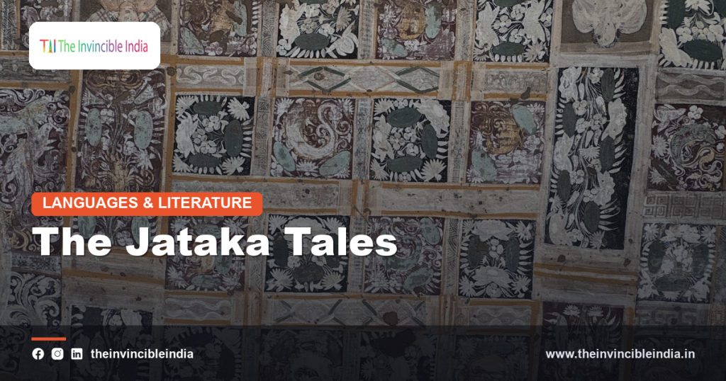 Ancient painted relief depicting a Jataka tale from the Buddhist storytelling tradition