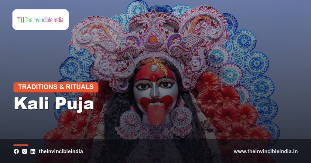 A richly decorated idol of Goddess Kali worshipped during Kali Puja at night