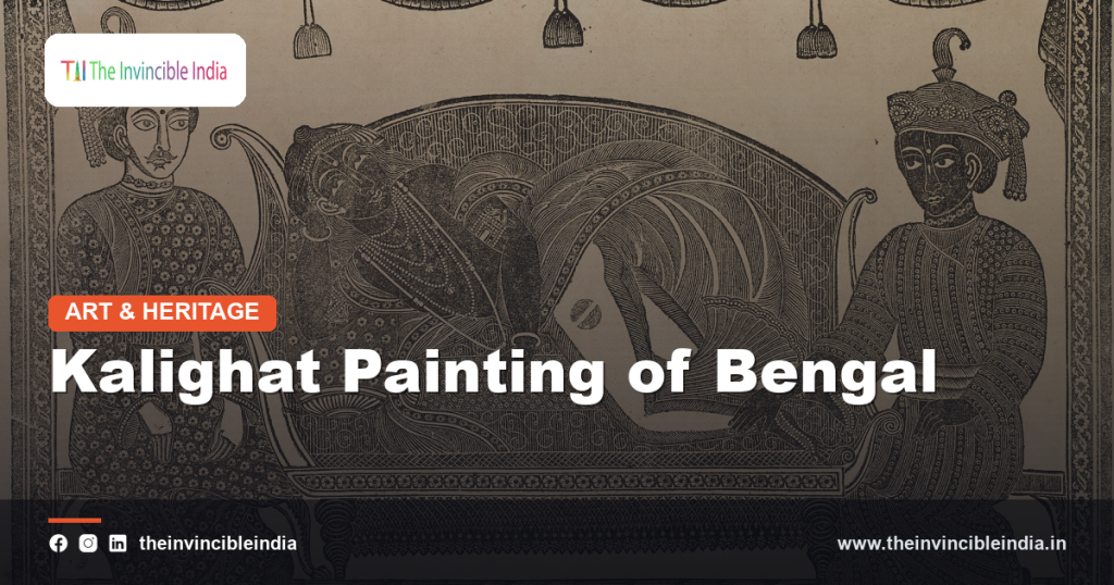 A traditional Kalighat folk painting with bold brushwork and flat colour