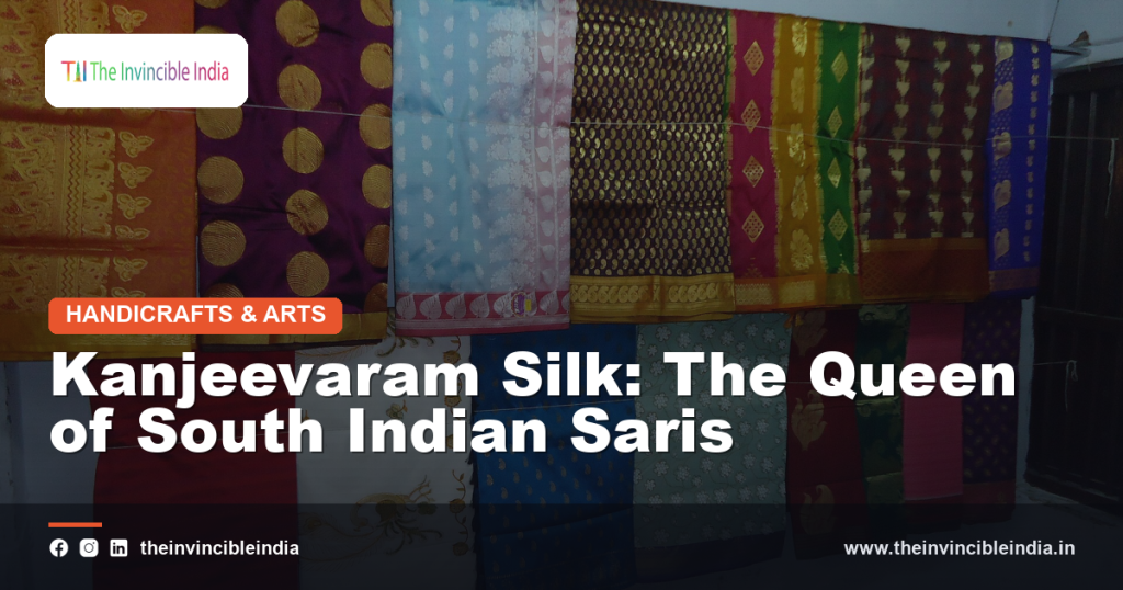 A rich Kanjeevaram silk sari with a contrast border and gold zari from Kanchipuram