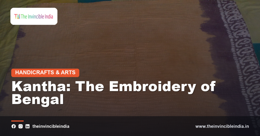 Hand-stitched Kantha embroidery textile with folk motifs