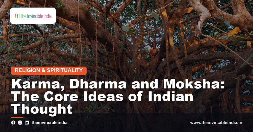 A serene image expressing the concepts of karma, dharma and moksha