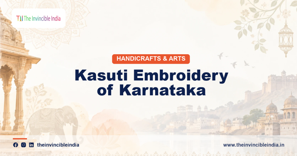 Traditional Kasuti embroidery with geometric motifs on dark saree fabric