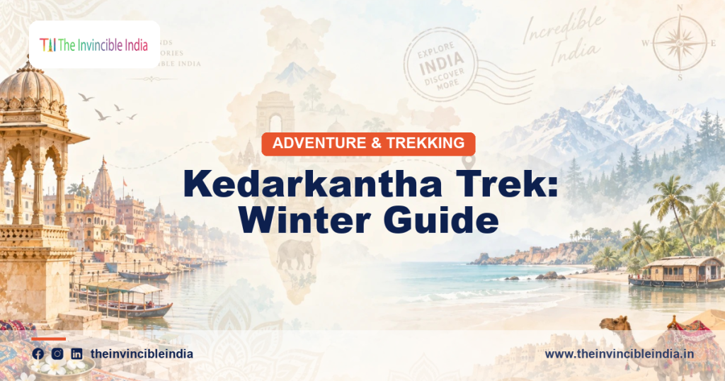 Snow-covered summit ridge on the Kedarkantha trek in winter, Uttarakhand
