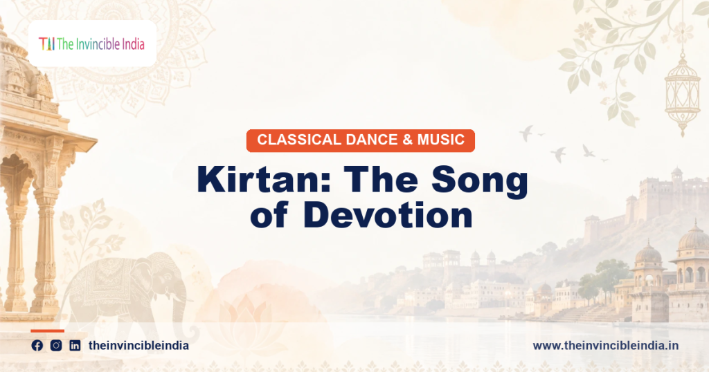A group performing kirtan, congregational devotional chanting, with harmonium and drums