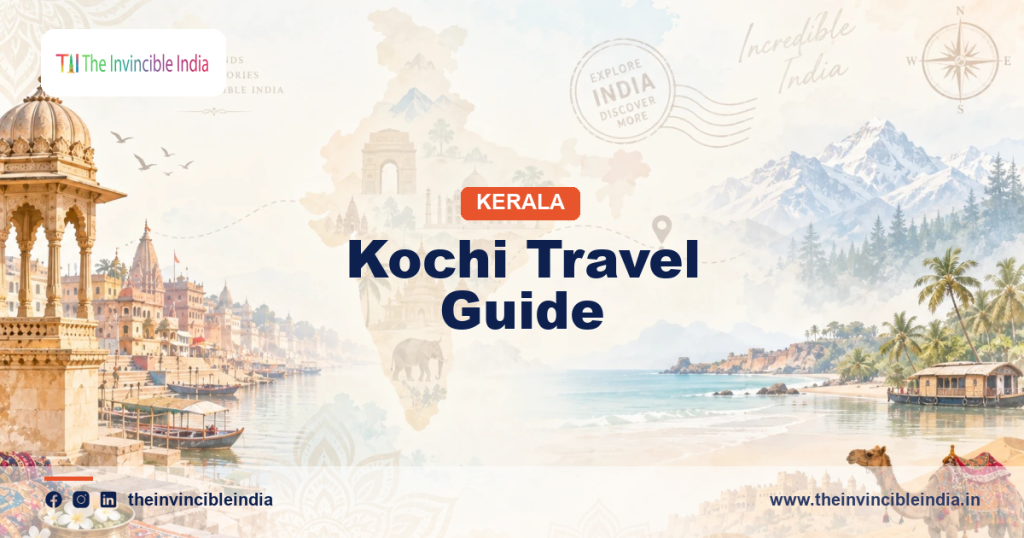 Kochi travel guide banner showing Fort Kochi's Chinese fishing nets on the Arabian Sea at sunset.