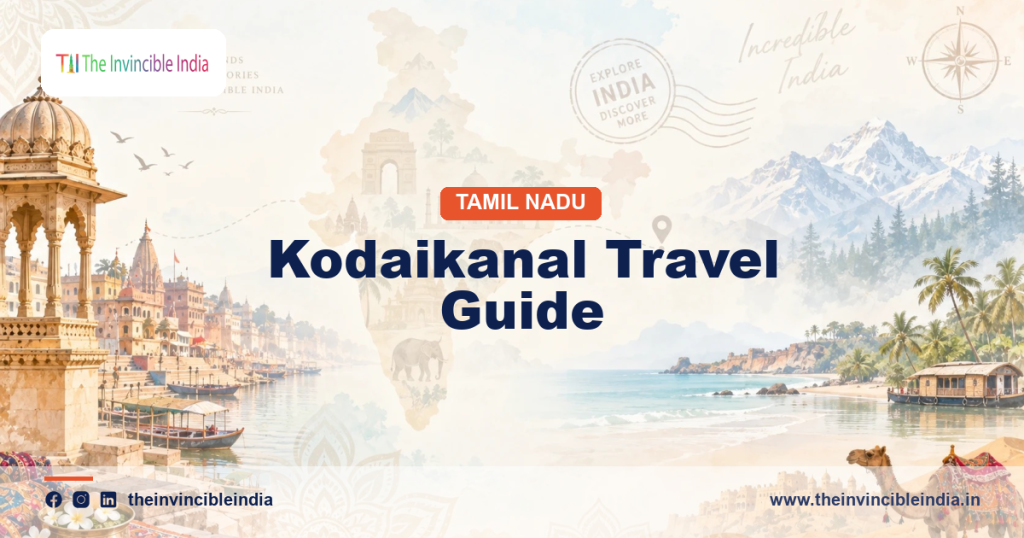 Kodaikanal travel guide banner showing the star-shaped Kodaikanal Lake in the misty Palani Hills of Tamil Nadu