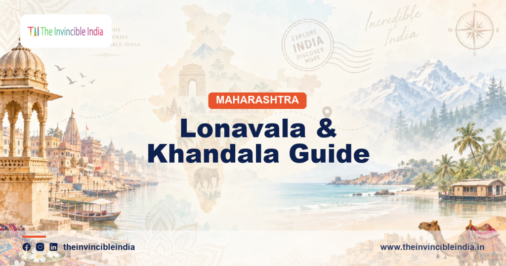 Lonavala and Khandala travel guide banner with misty Sahyadri hills and a Maratha fort on the Mumbai-Pune corridor in Maharashtra