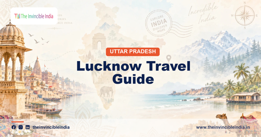 Lucknow travel guide banner showing the Bara Imambara and Rumi Darwaza in Uttar Pradesh