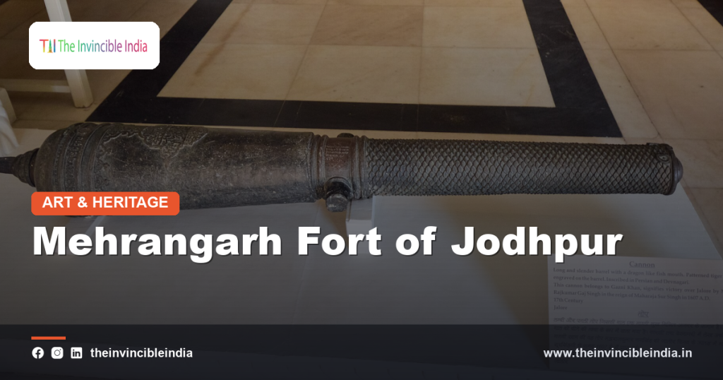 Mehrangarh Fort's massive stone walls rising above the blue rooftops of Jodhpur