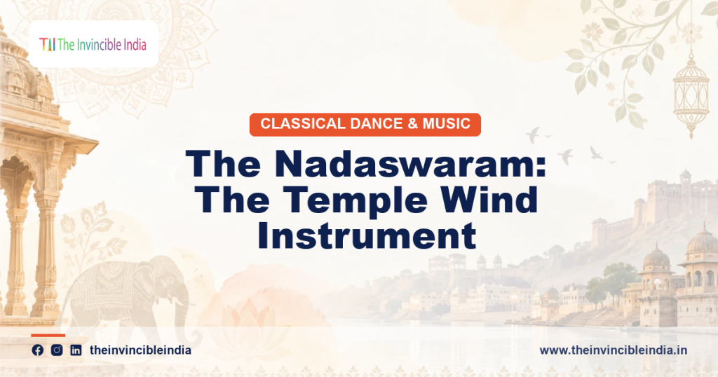 A nadaswaram player performing the large South Indian temple wind instrument