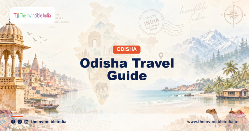 Odisha travel guide banner showing the Konark Sun Temple and the Puri coast