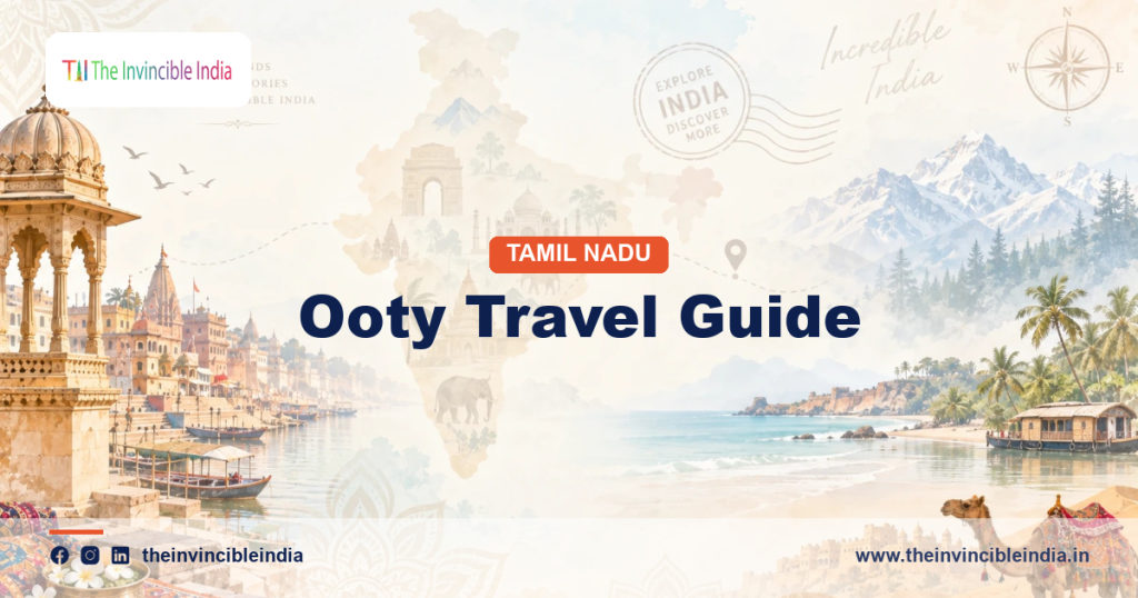 Ooty travel guide banner showing the Nilgiri hill station of Udhagamandalam in Tamil Nadu