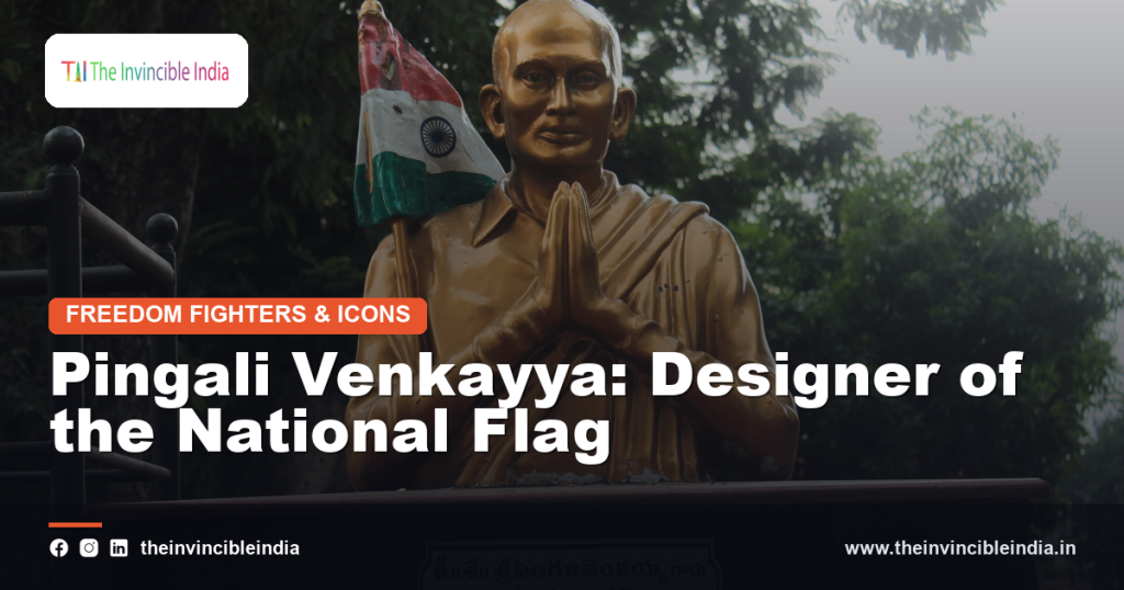 A portrait-style tribute image evoking Pingali Venkayya, designer associated with the Indian national flag