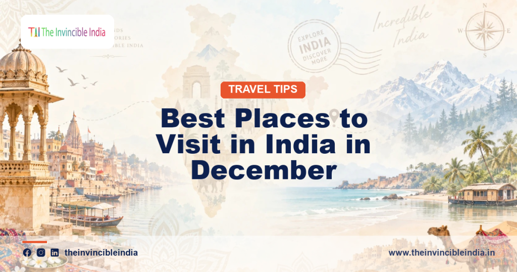 Collage of the best places to visit in India in December, from the white salt desert of the Rann of Kutch to Goa's beaches and snow in Gulmarg.