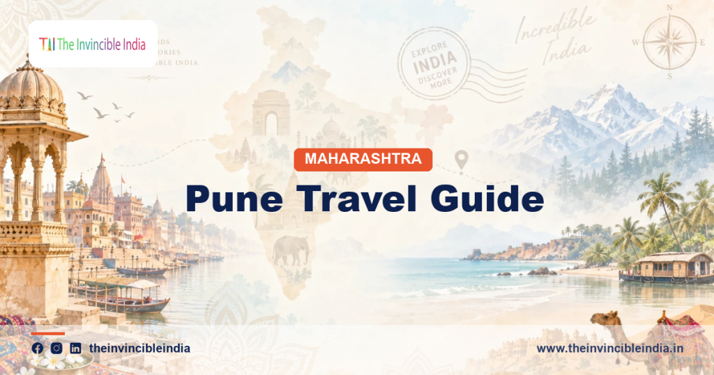 Pune travel guide banner showing Shaniwar Wada and Sahyadri fort views in Maharashtra