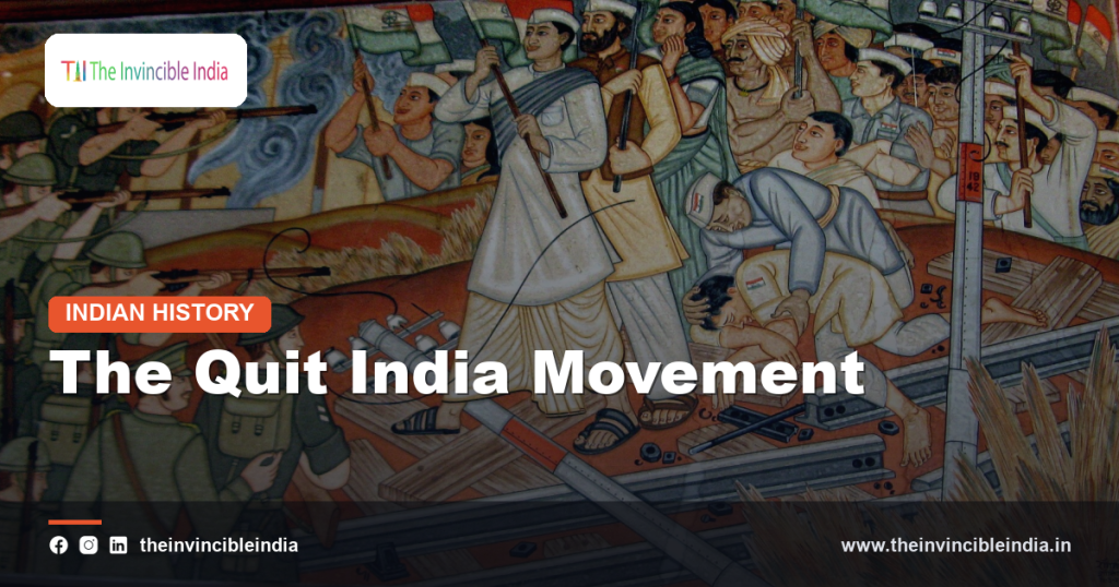 A historical scene evoking the Quit India Movement and mass protest against colonial rule