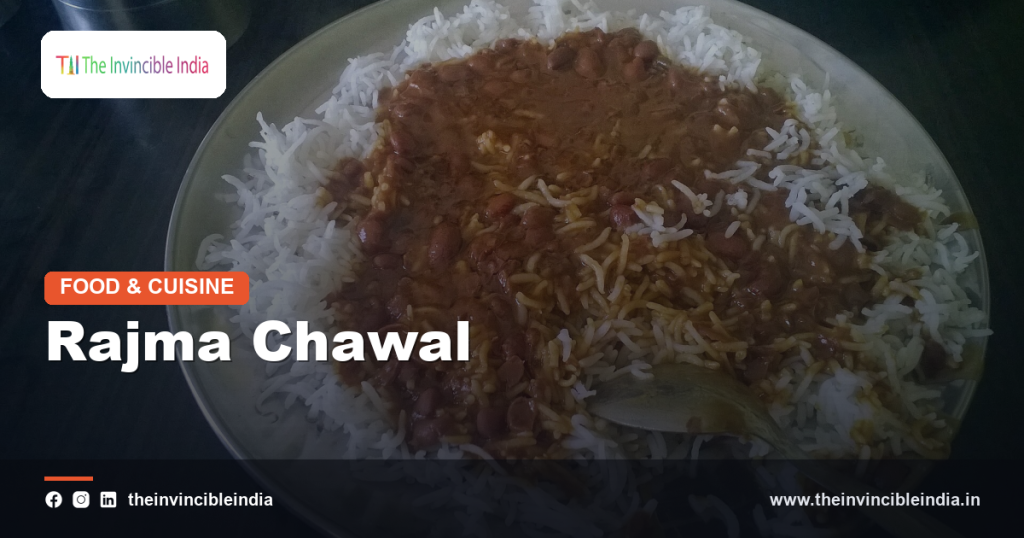 A plate of rajma chawal with kidney bean curry and steamed rice