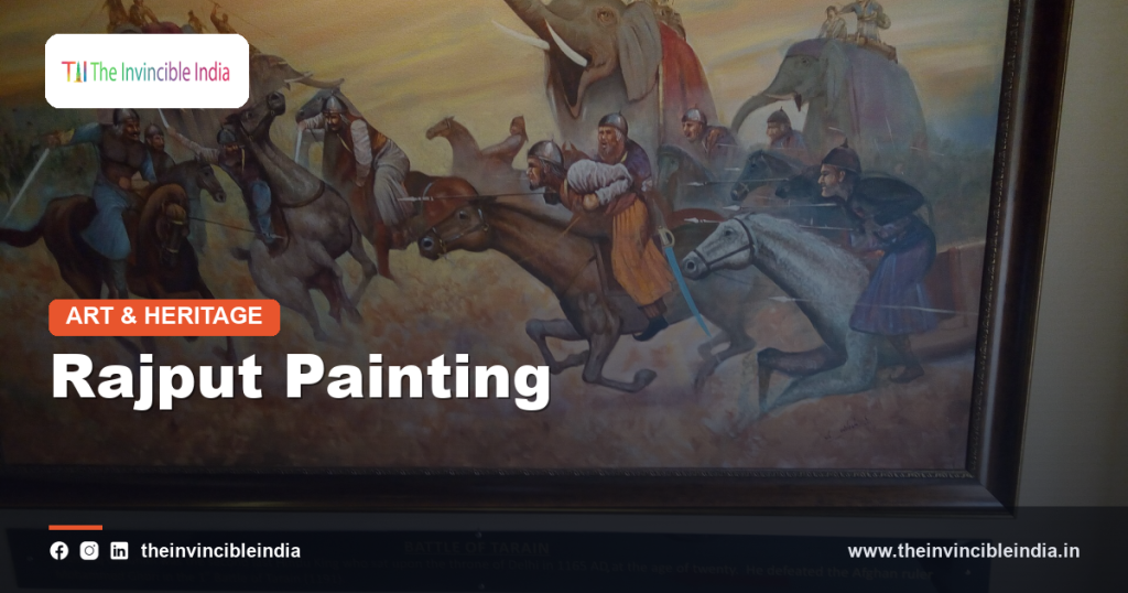 A traditional Rajput miniature painting with vivid courtly and devotional imagery