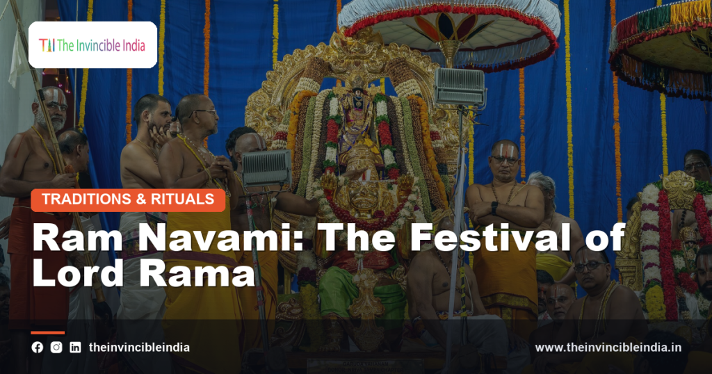 Devotees celebrating Ram Navami with prayers and decorations at a temple