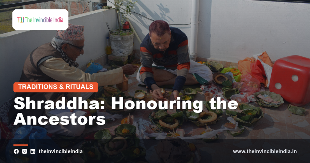 A priest performing Shraddha ancestor rites with offerings during Pitru Paksha