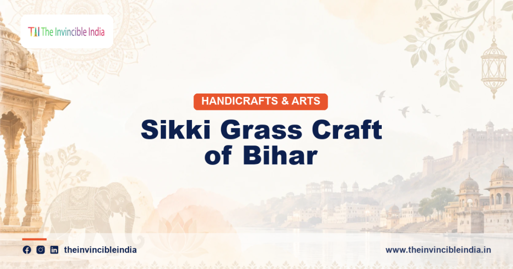 Woven golden Sikki grass basket and decorative items from Bihar