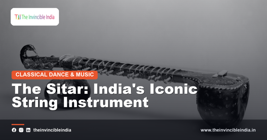 A sitar, the iconic long-necked string instrument of North Indian classical music