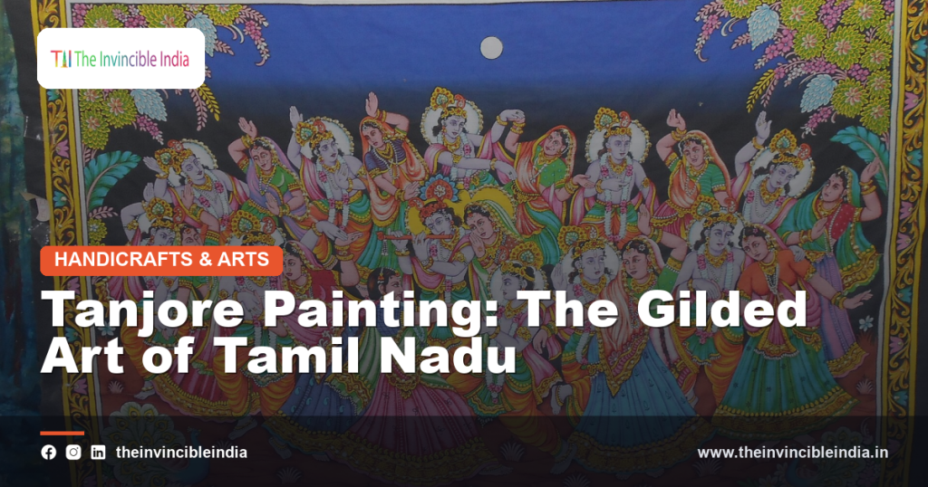 A gilded Tanjore painting of a Hindu deity with gold leaf and gems