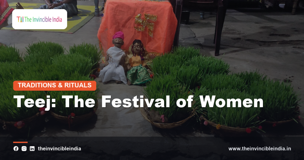 Women dressed in traditional attire celebrating Teej with swings and folk songs