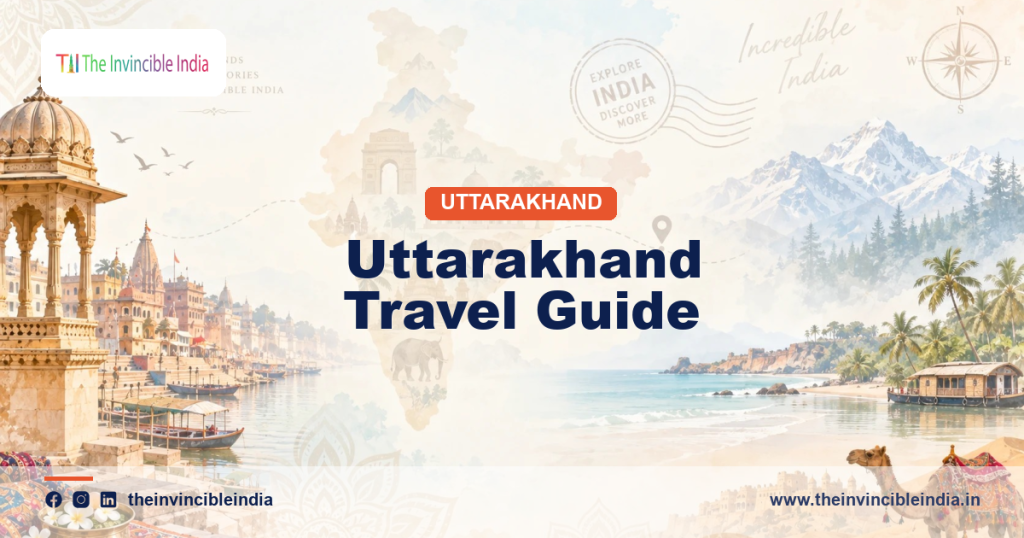 Uttarakhand travel guide banner showing Himalayan shrines, Ganga river towns and hill stations of Dev Bhoomi.