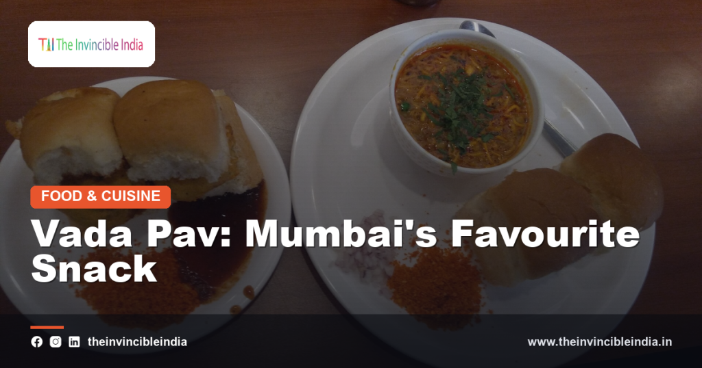 A vada pav snack with fried potato fritter, pav bread, and chutneys