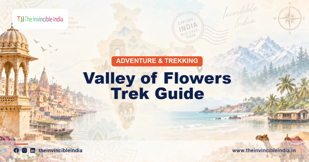 Alpine meadow on the Valley of Flowers trek in Uttarakhand, with wildflowers below Himalayan peaks near Ghangaria